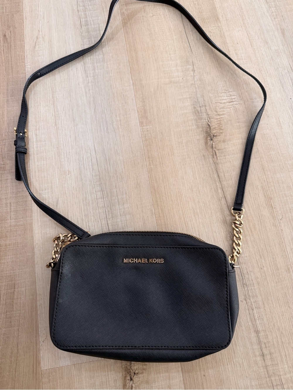 Michael Kors Black Leather Crossbody with Gold Chain